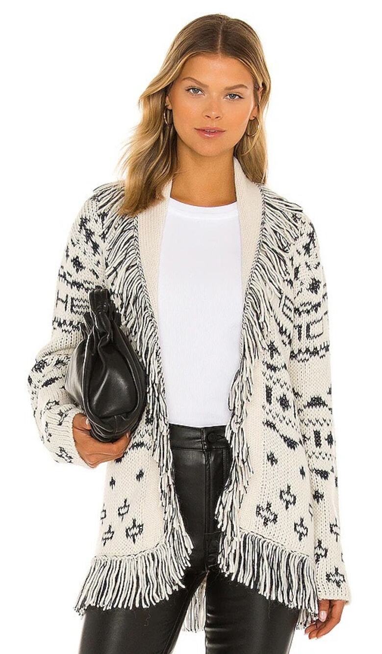 NWT Mother Cardigan Sweater Small Fringe Ivory Black Southwestern Knit
